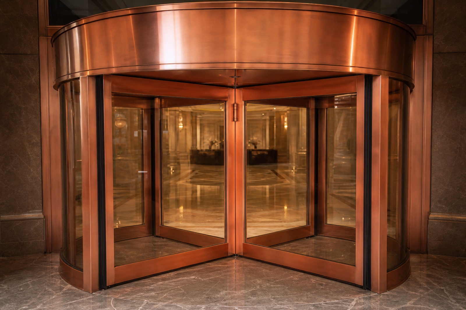 Copper revolving door in five-star hotel lobby