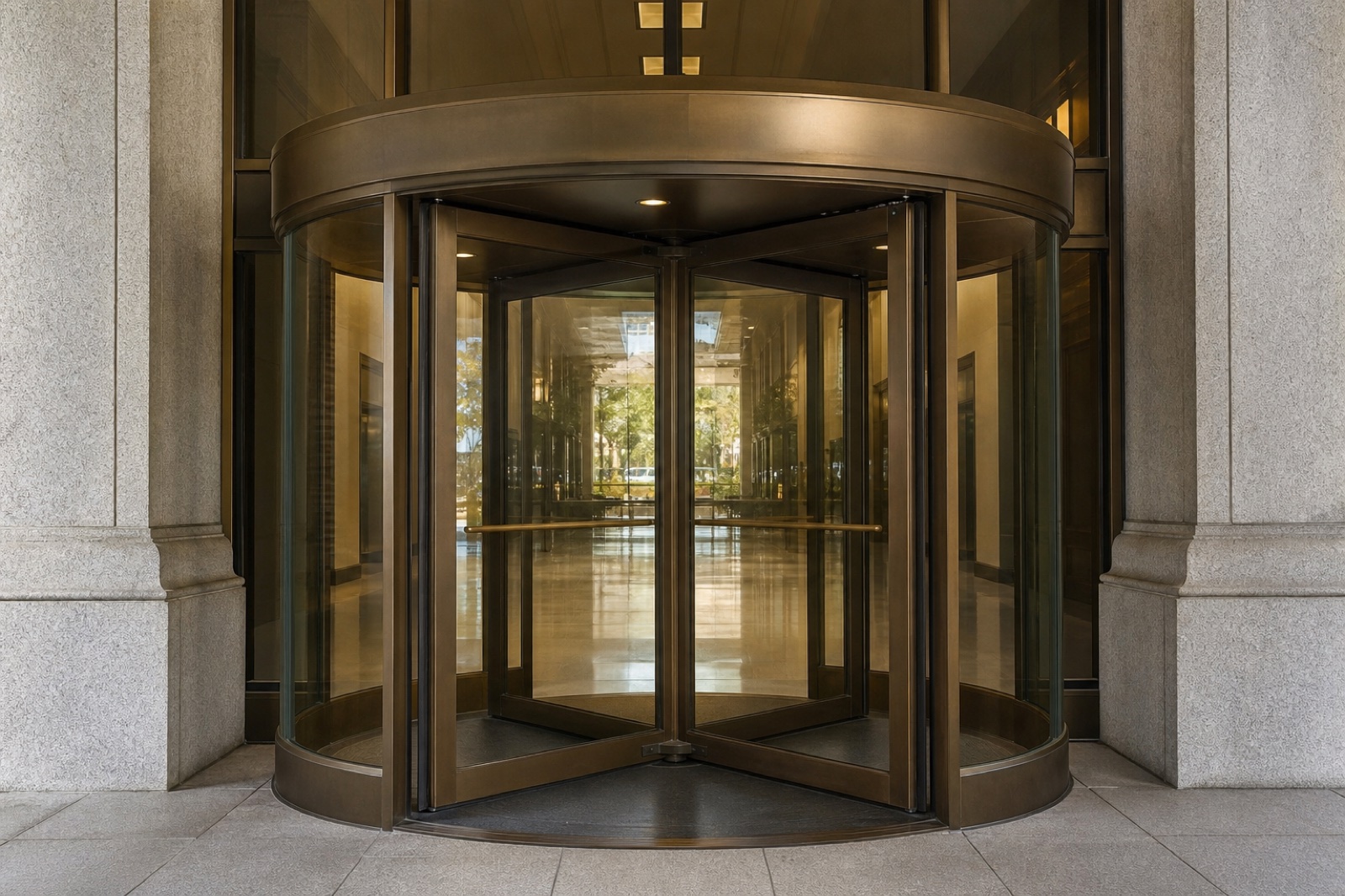 Four-wing revolving door at government building entrance