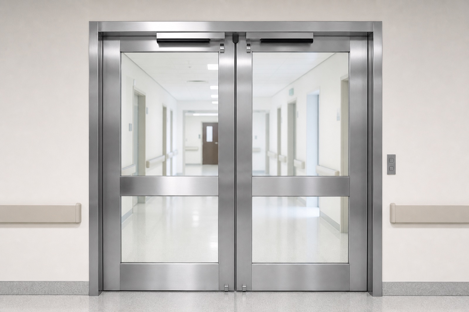 Stainless steel automatic door in hospital corridor application