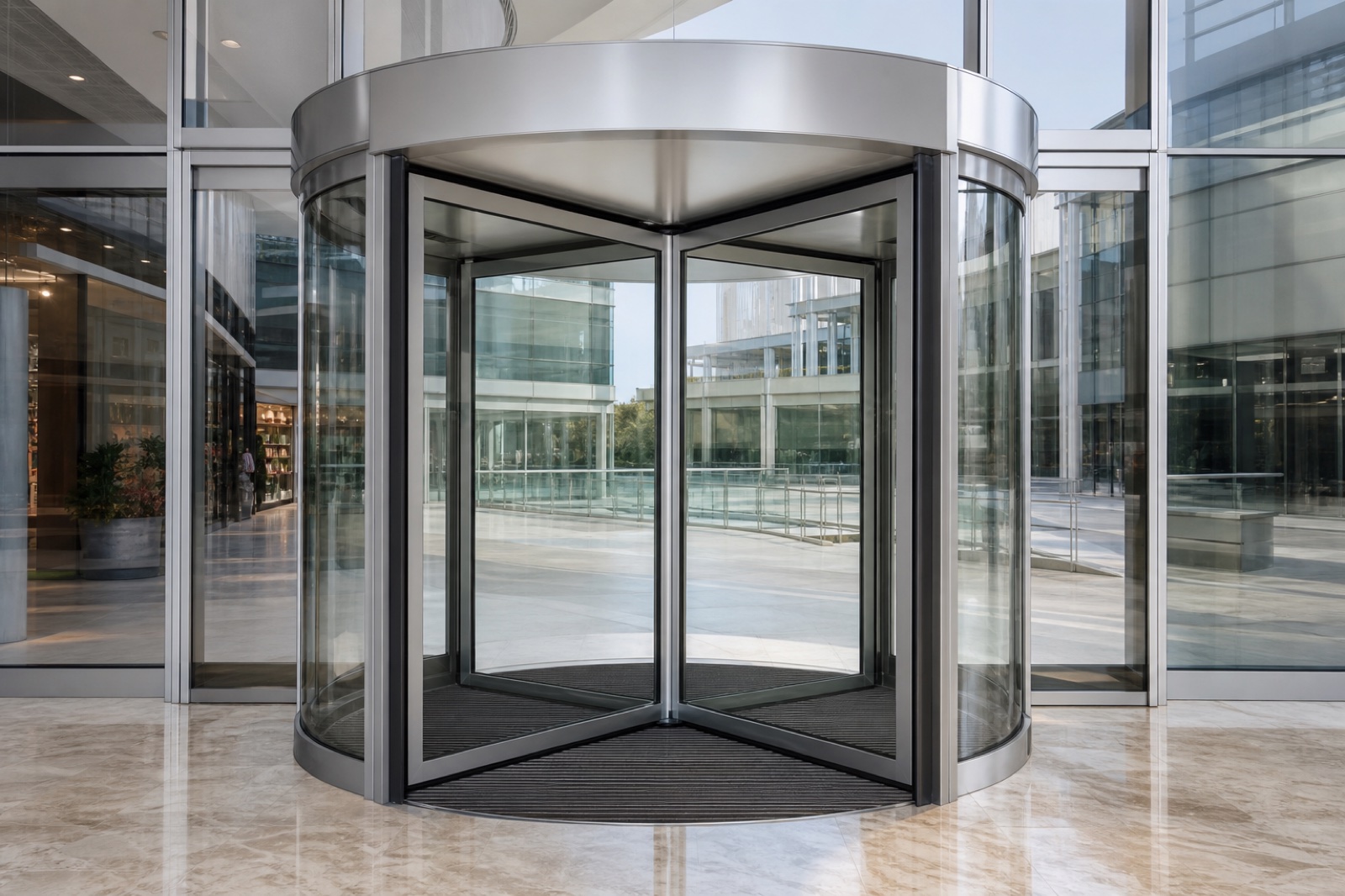 Three-wing revolving door application in commercial complex